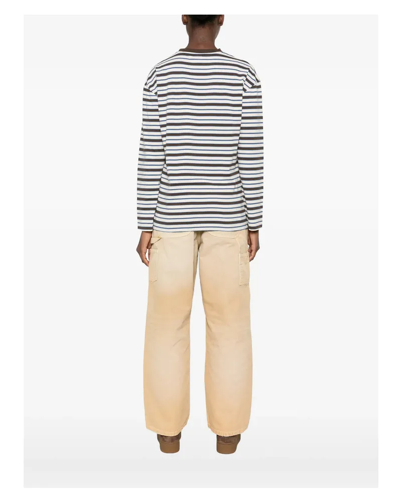 SPORTY & RICH Striped-pattern Logo-embroidered T-shirt Neutrals
