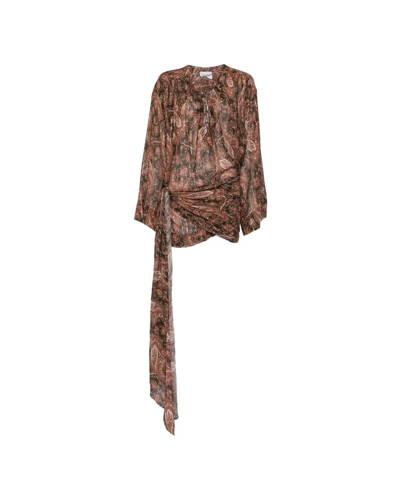ANDAMANE Indira Paisley-print Lace-fastening Mini Dress Brown