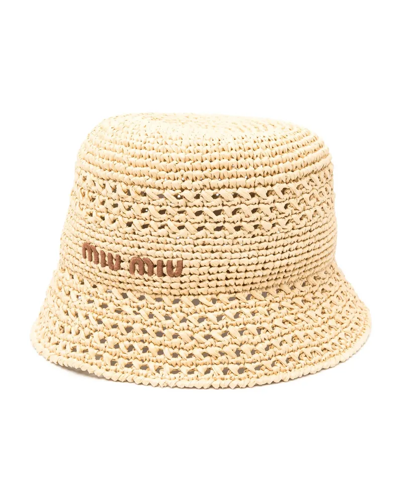 Miu Miu Embroidered-logo Raffia Bucket Hat Neutrals