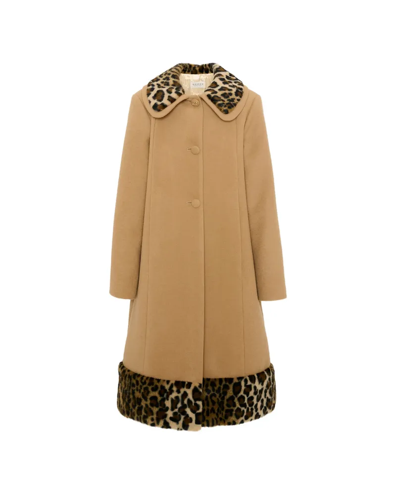 Gucci Leopard-print Trim Wool Coat Neutrals