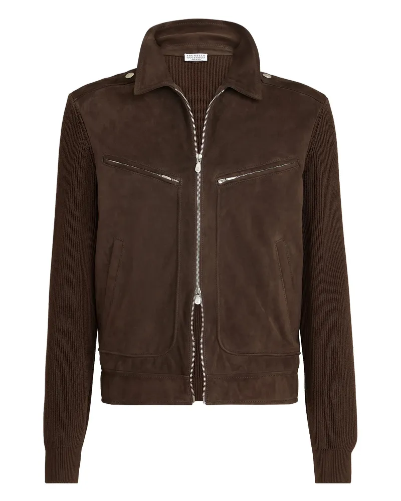 Brunello Cucinelli Ribbed-knit Suede Jacket Brown