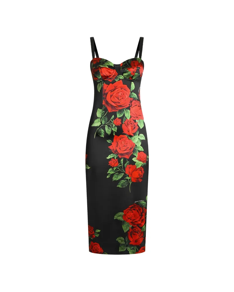Dolce & Gabbana Rose-print Satin Midi Dress Black