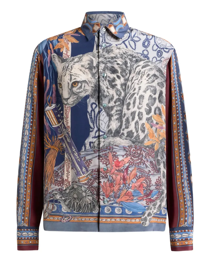 Etro Leopard-print Silk Shirt Blue
