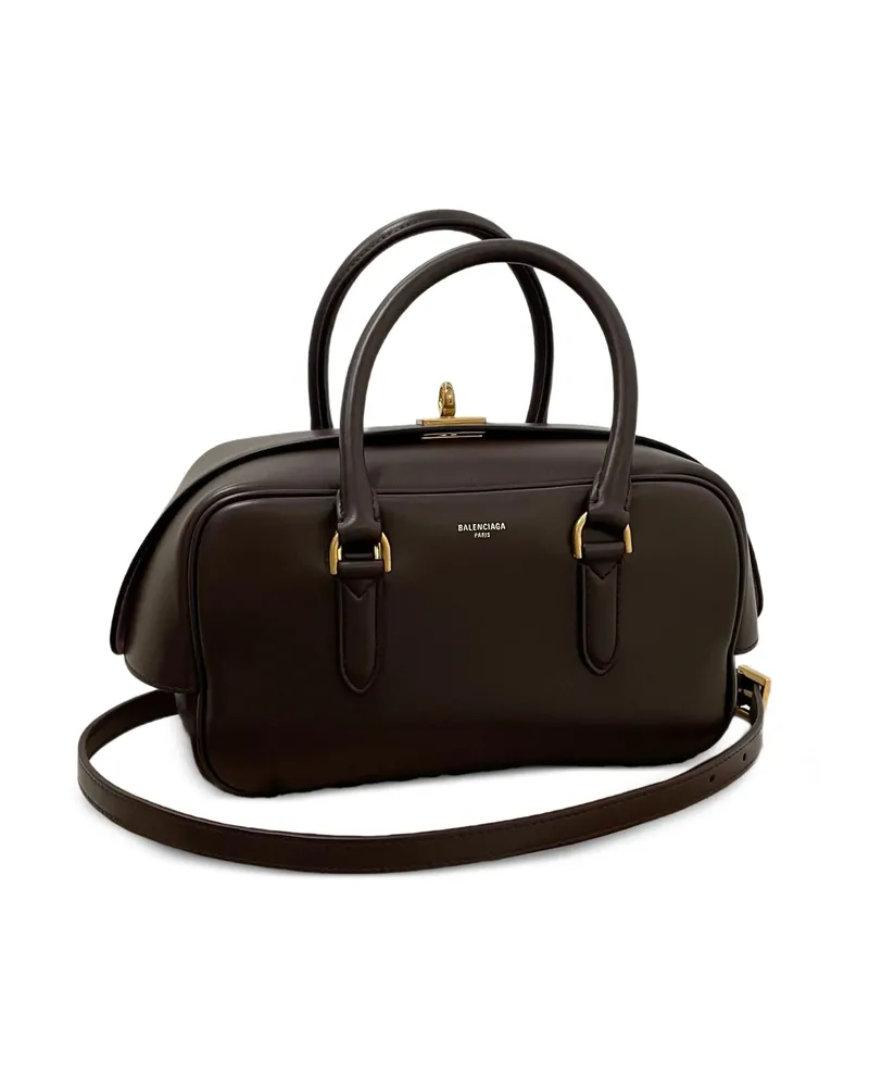 Balenciaga Small Le 7 Leather Bowling Tote Bag Brown