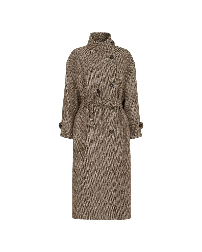 Brunello Cucinelli Sparkling Virgin Wool Chevron Belted Coat With Monili Brown