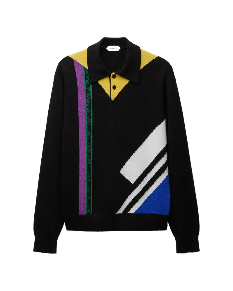 Versace Wool Intarsia Knit Polo Jumper Black