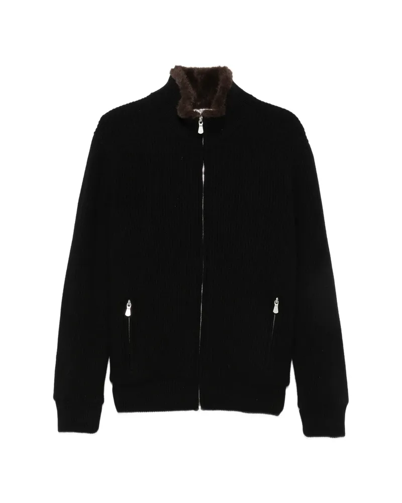 BARBA Ribbed-knit Faux-fur-trim Jacket Black