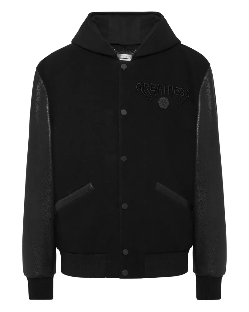 Philipp Plein Hooded Leather-sleeve Bomber Jacket Black