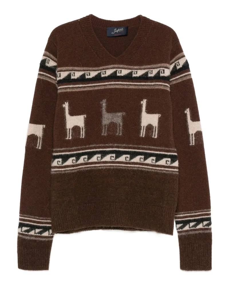 Seafarer Llama-pattern V-neck Sweater Brown