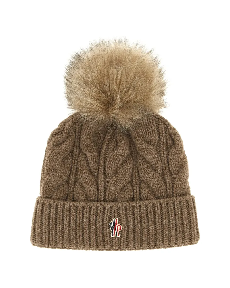 Moncler Cable-knit Pompom Beanie Hat Brown