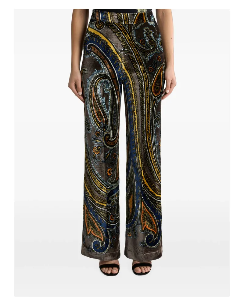 Etro STRAIGHT-LEG VELVET TROUSERS WITH PAISLEY MOTIF Brown