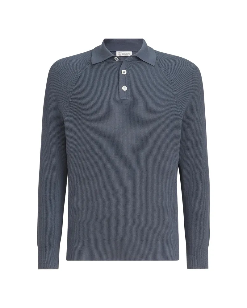 Brunello Cucinelli Cotton English Rib Knit Polo With Long Raglan Sleeves Blue