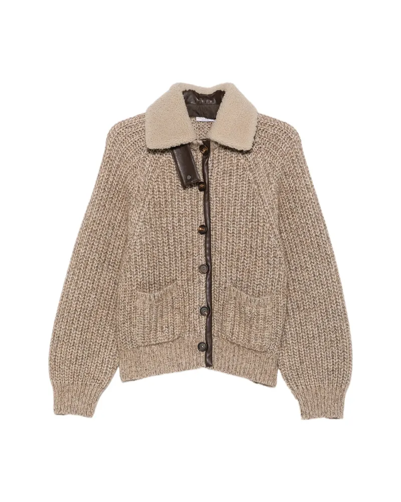 Brunello Cucinelli Shearling-collar Ribbed-knit Cardigan Neutrals