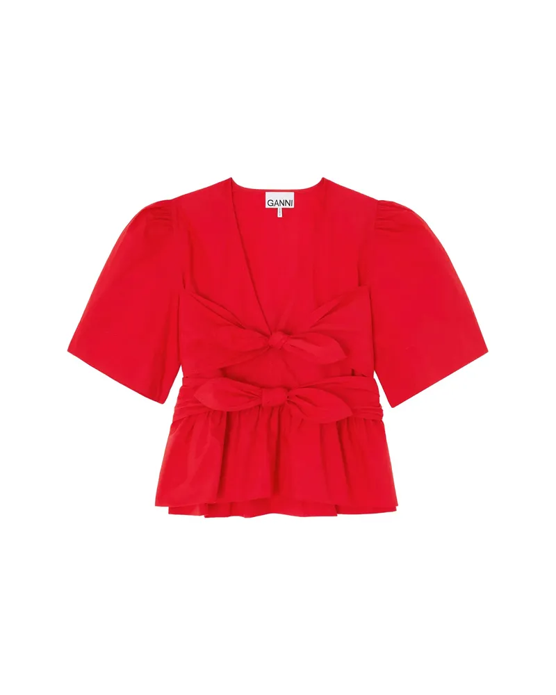 Ganni Bow-detail Peplum-hem Blouse Red