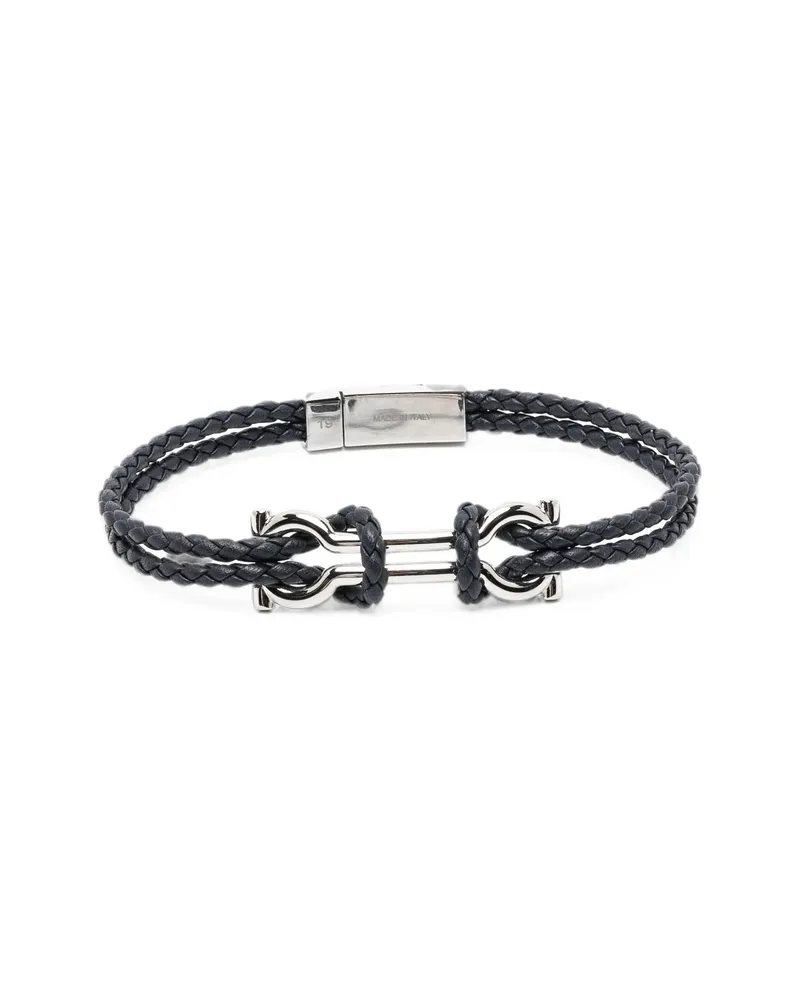 Ferragamo Gancini Braided Leather Bracelet Silver
