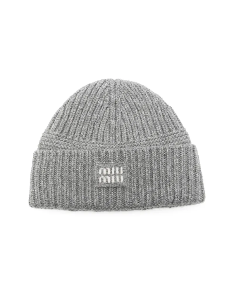 Miu Miu Logo-patch Ribbed-knit Wool Beanie Grey