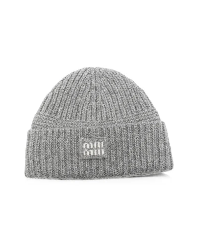 Miu Miu Logo-patch Ribbed-knit Wool Beanie Grey