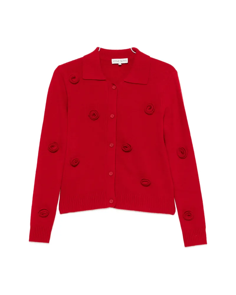 Stine Goya Floral-appliqué Polo Cardigan Red