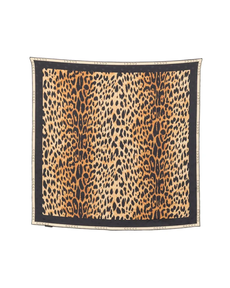 Gucci Leopard-print Logo-border Scarf Neutrals