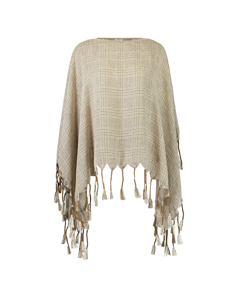 Brunello Cucinelli Prince Of Wales Fringed Poncho Neutrals