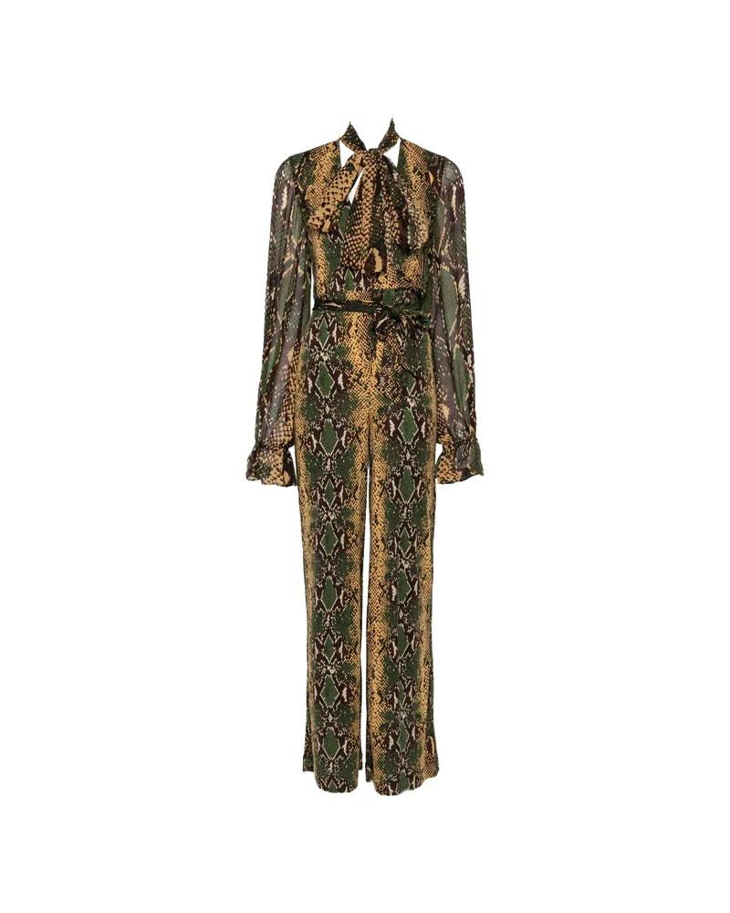Diane von Furstenberg Lucia Snakeskin-print Pussy-bow Jumpsuit Yellow