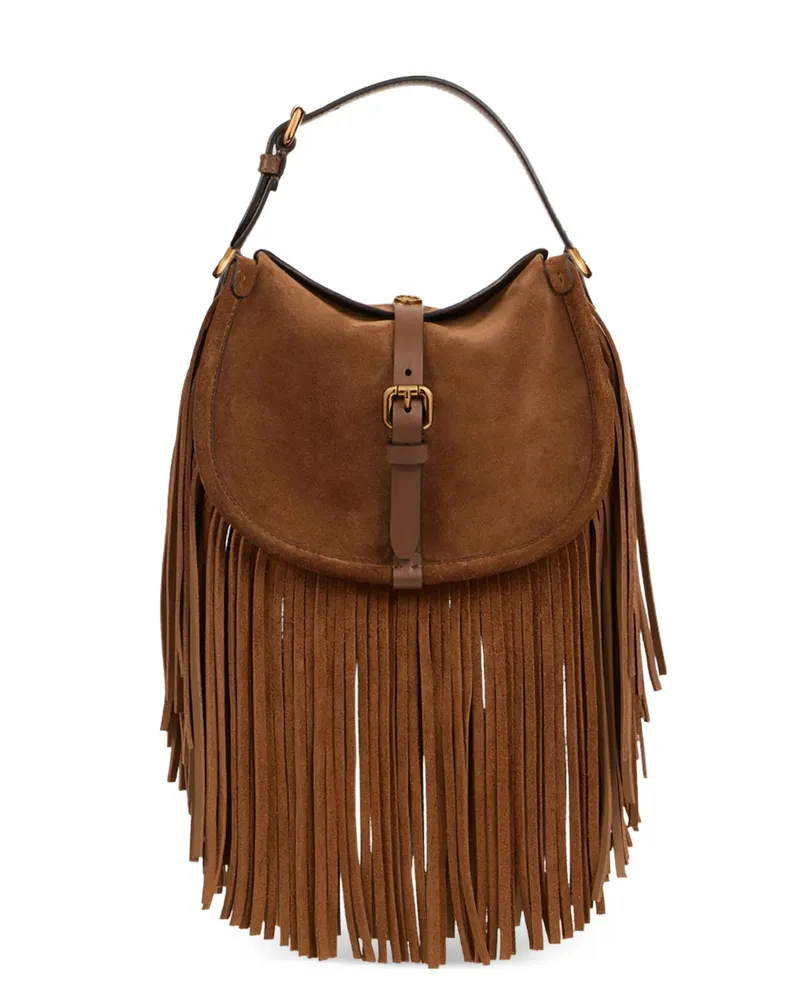 Etro Small Suede Pony Bag With Fringes Brown