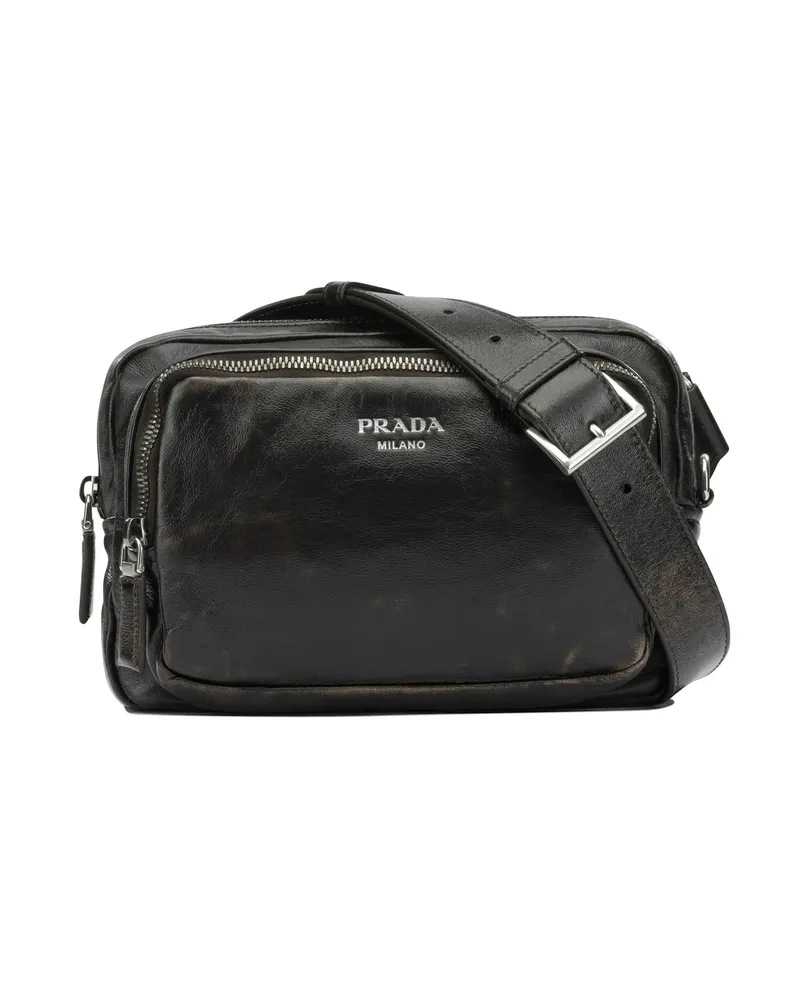 Prada Distressed Logo-print Leather Shoulder Bag Brown