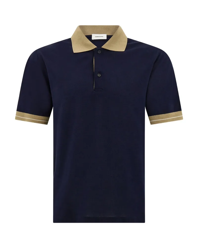 Ferragamo Contrasting Stripe Short Sleeve Polo Shirt Blue