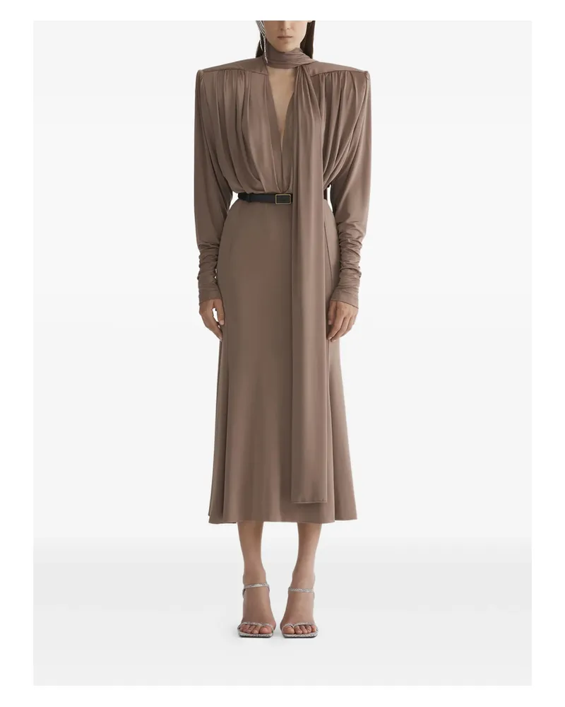 Thierry Mugler Draped Long-sleeve Dress Brown