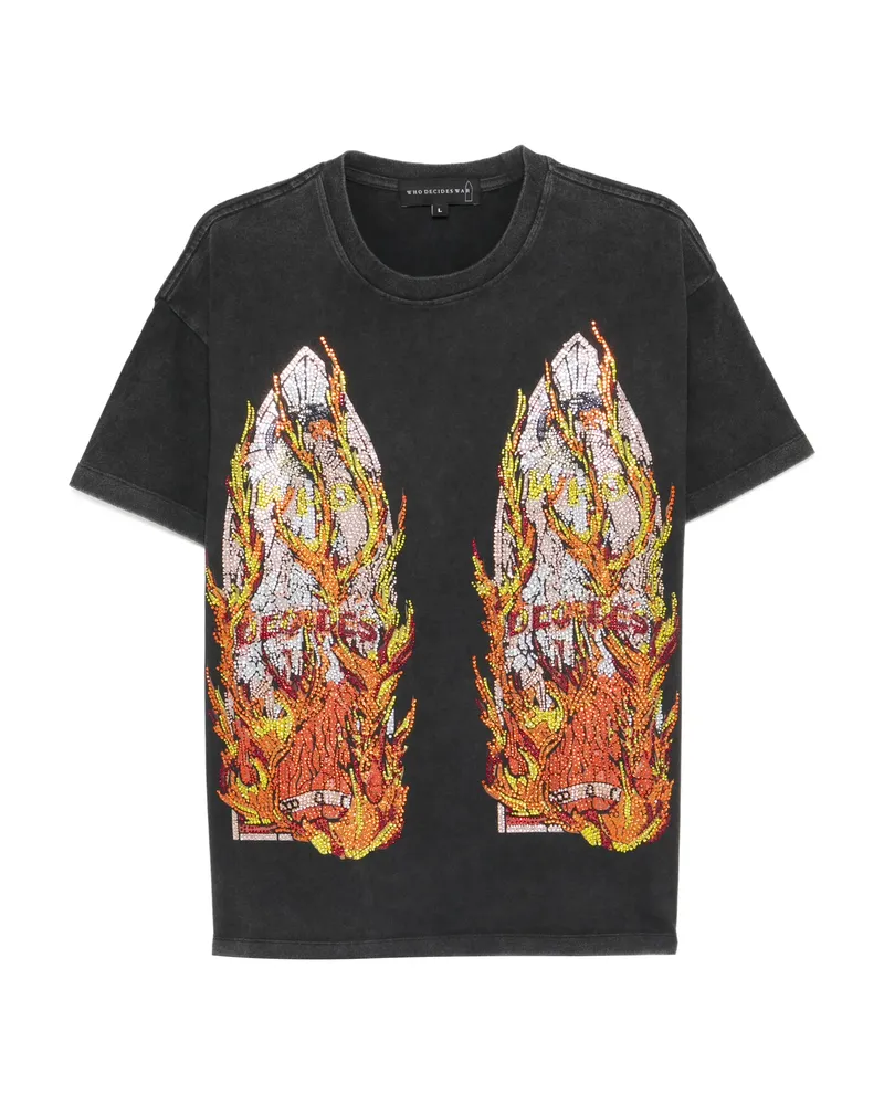 WHO DECIDES WAR Rhinestone Flame T-shirt Black
