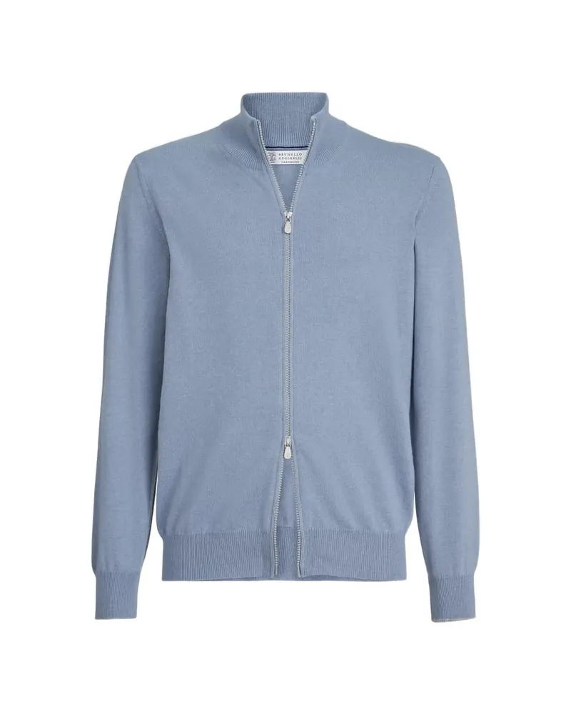 Brunello Cucinelli Cashmere Turtleneck Cardigan With Zipper Blue