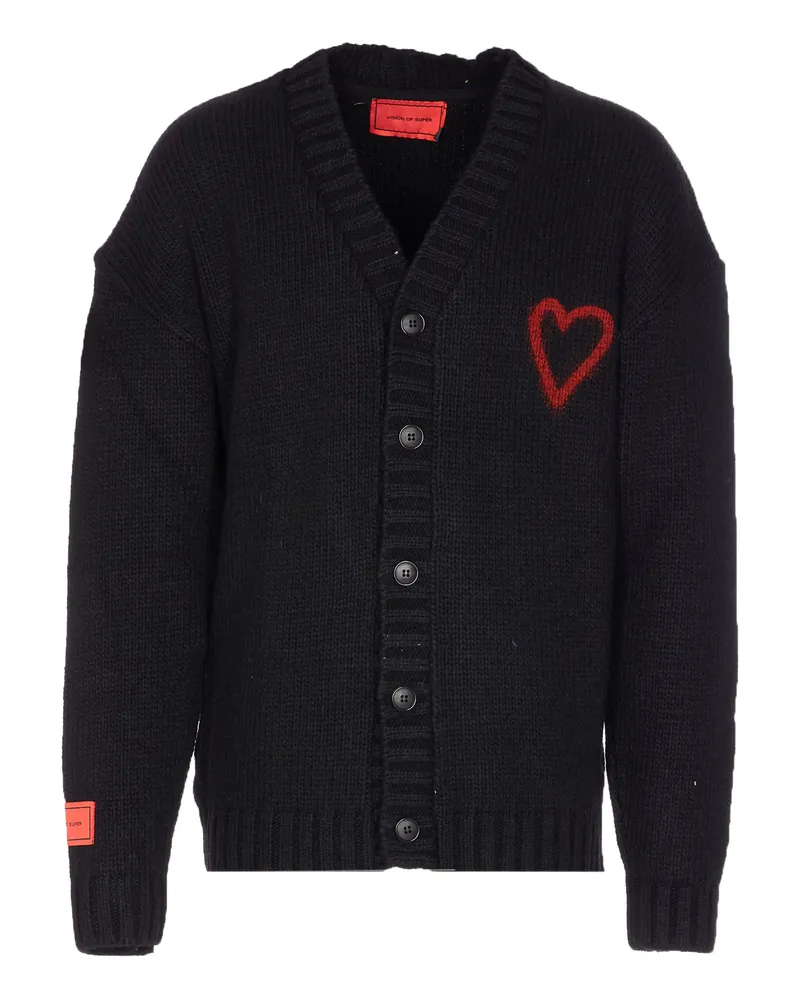 Vision Of Super Heart-embroidered Button Cardigan Black
