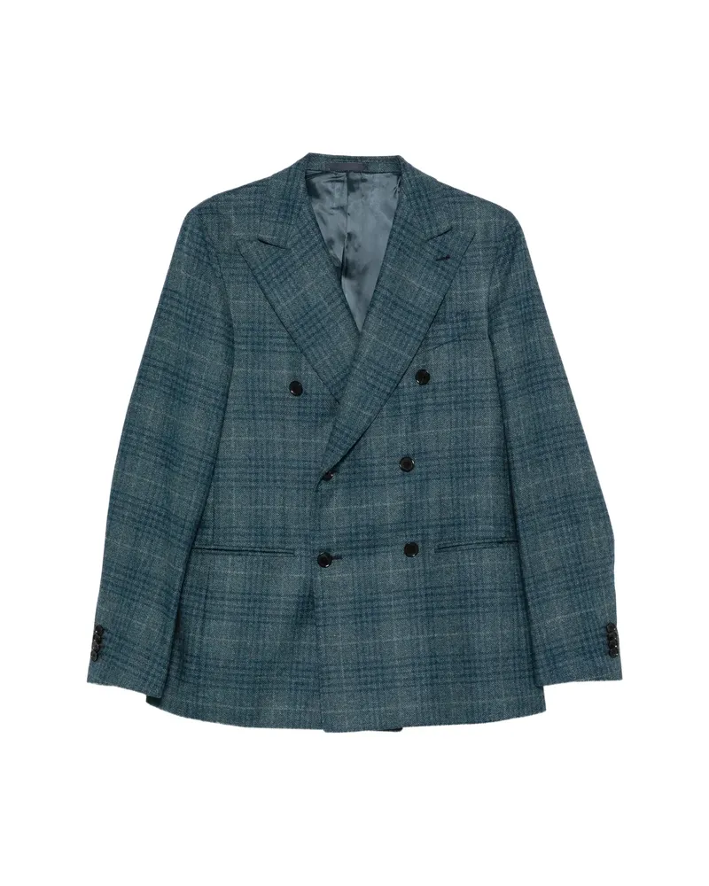 Caruso Double-breasted Checked Blazer Blue