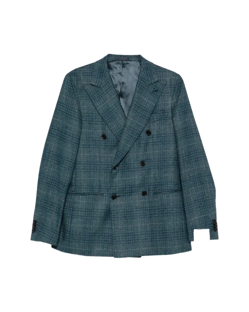 Caruso Double-breasted Checked Blazer Blue