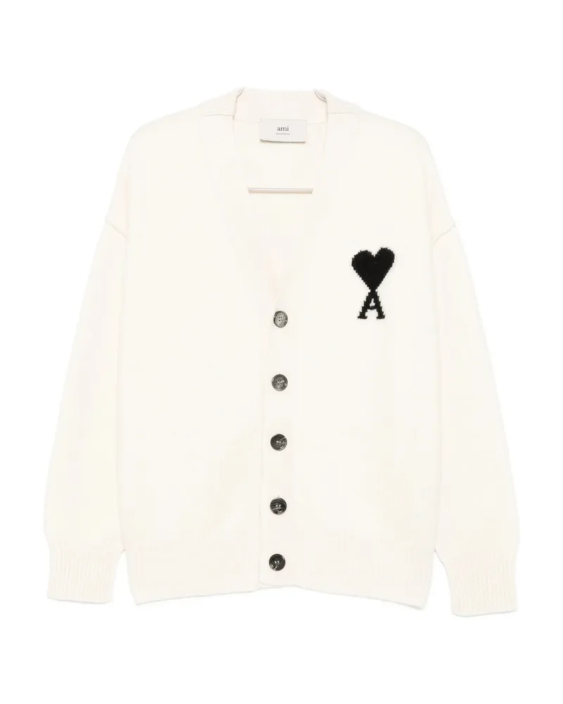 AMI Paris Ami De Coeur Monogram Wool Cardigan Neutrals