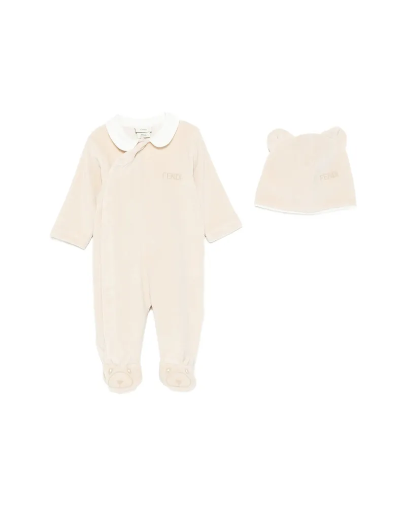 Fendi Logo-embroidered Velvet-effect Babygrow Set (set Of Two Neutrals