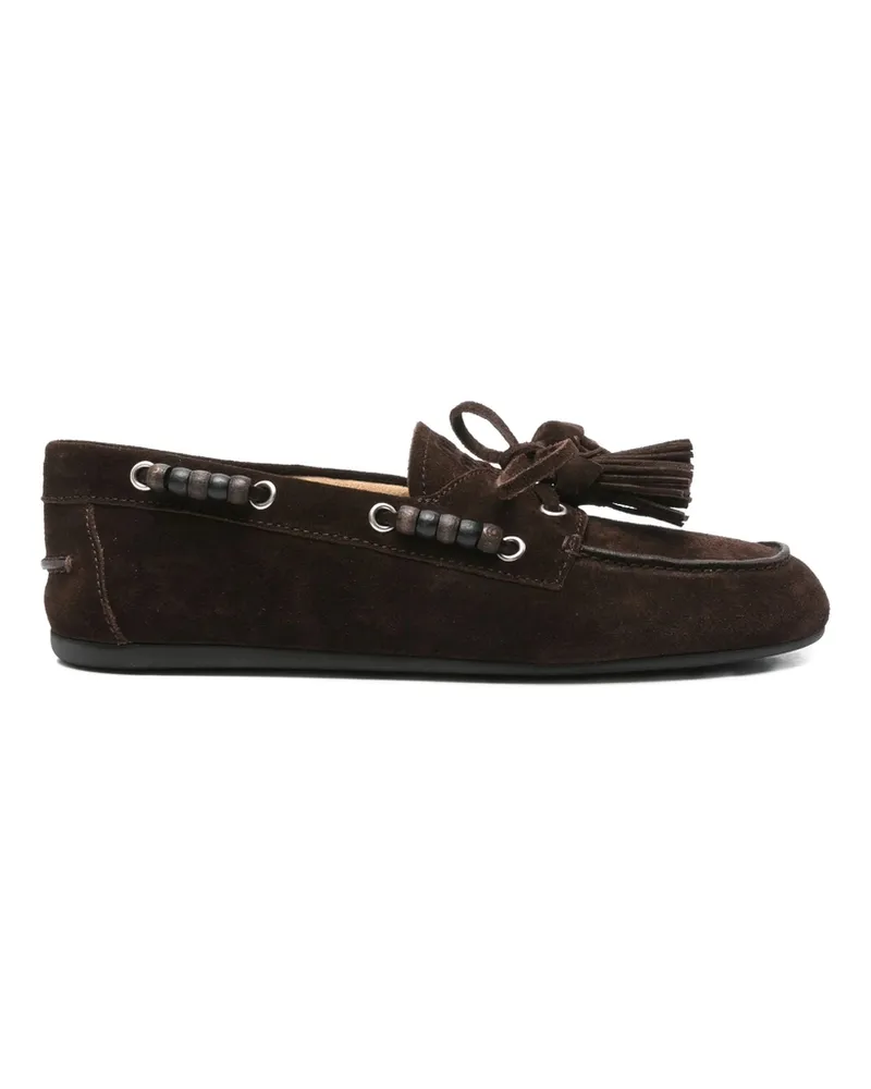Miu Miu Beaded Tassels Loafers Brown