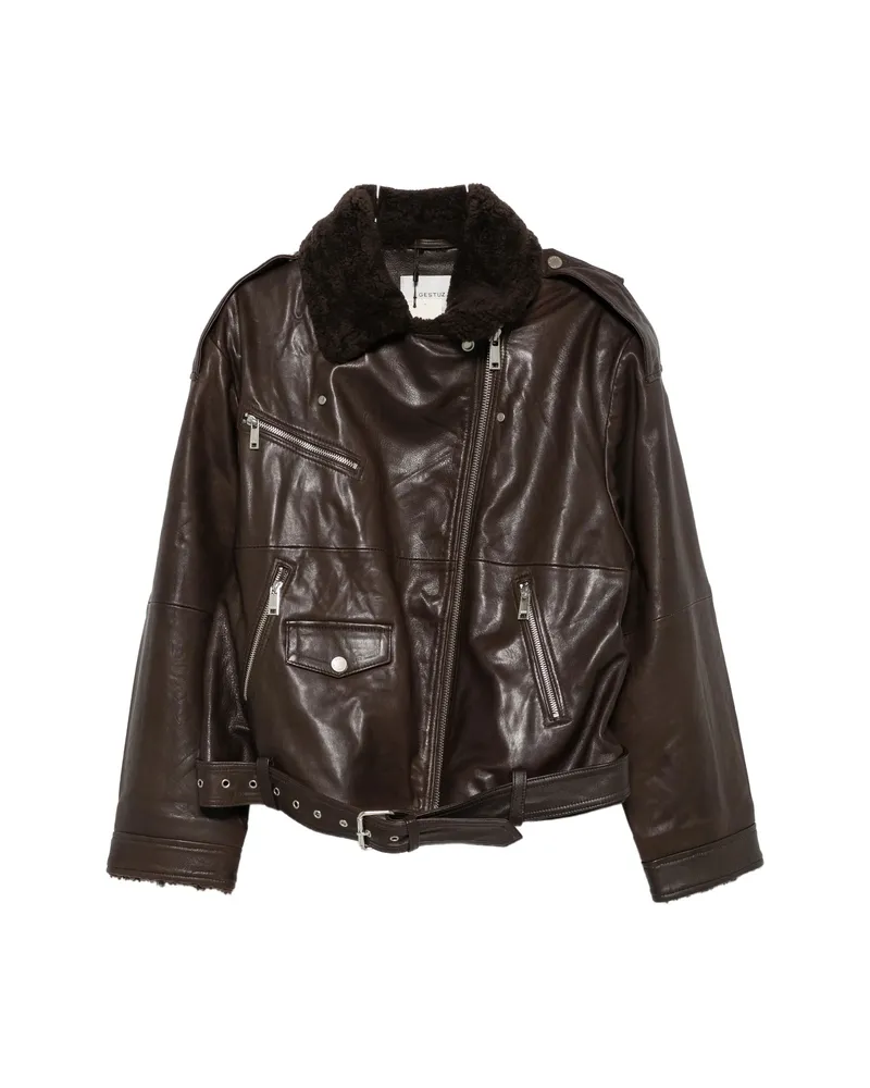 Gestuz Belted Shearling-collar Jacket Brown