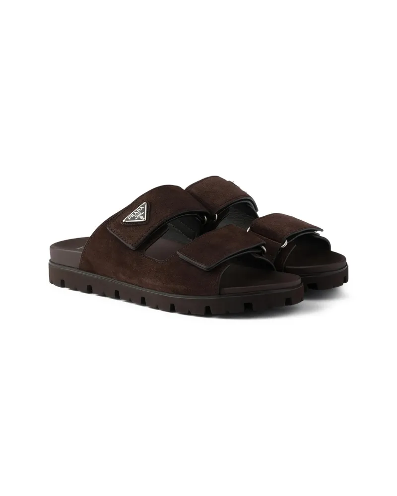 Prada Triangle-logo Suede Sandals Brown