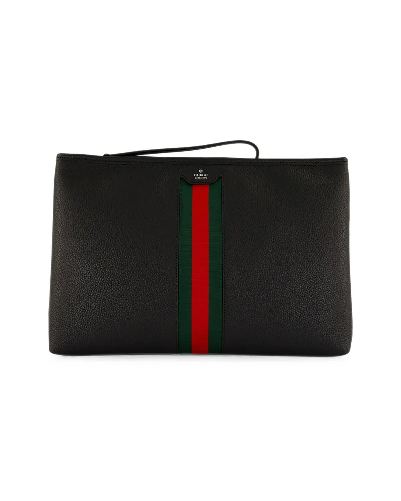 Gucci Web-stripe Grained-leather Clutch Bag Black