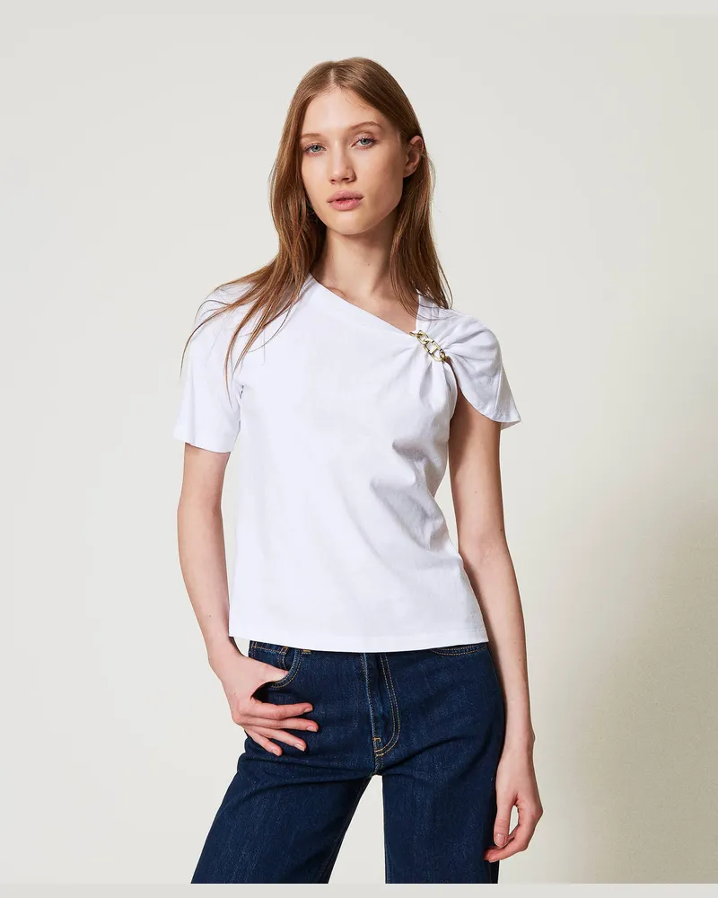 Twin-Set T-Shirts - T-Shirt mit „Oval T"-Kette, Weiß, Baumwolle, Größe: XXL 