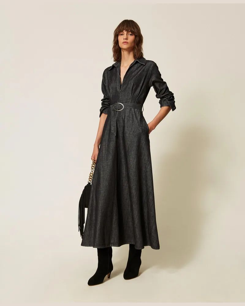 Twin-Set Fließendes Maxijeanskleid, Damen, Denimschwarz Denimschwarz