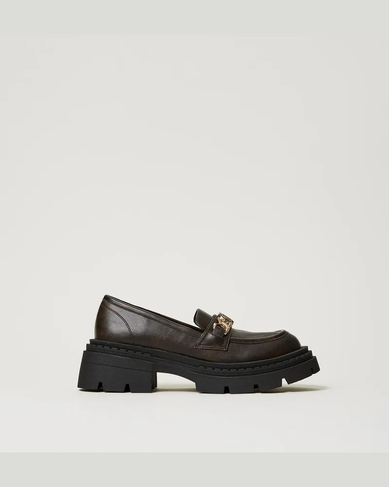 Twin-Set Schuhe - Mokassin mit „Oval T"-Ziertrense, Kaffeeschokolade, Größe Kaffeeschokolade
