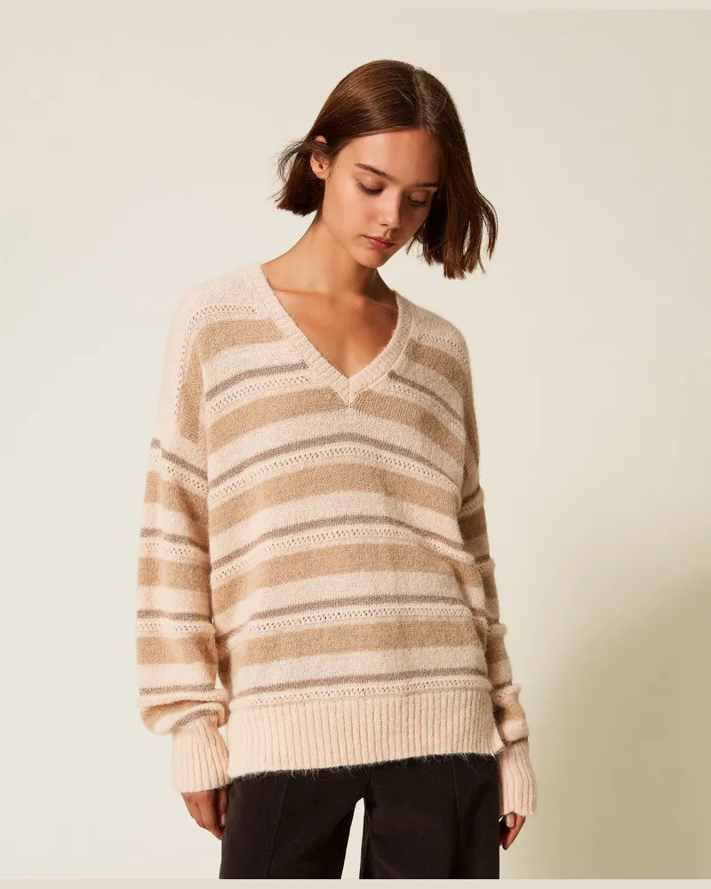 Twin-Set Longpullover aus Alpaka-Mischung, Streifen Alpakabraun /Alpaka Lurex, Gestreift, Größe: XXL 