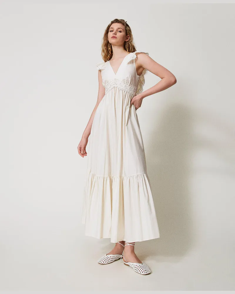 Twin-Set Bademode - Maxikleid aus Popeline mit Häkeldetails, Perlmutt, Baumwolle, Größe: M 