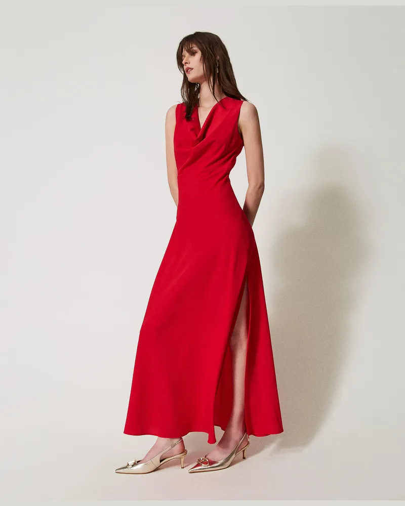 Twin-Set Kleider - Figurbetontes Maxikleid mit Faltenwurf, Hibiscus Red, Größe Hibiscus