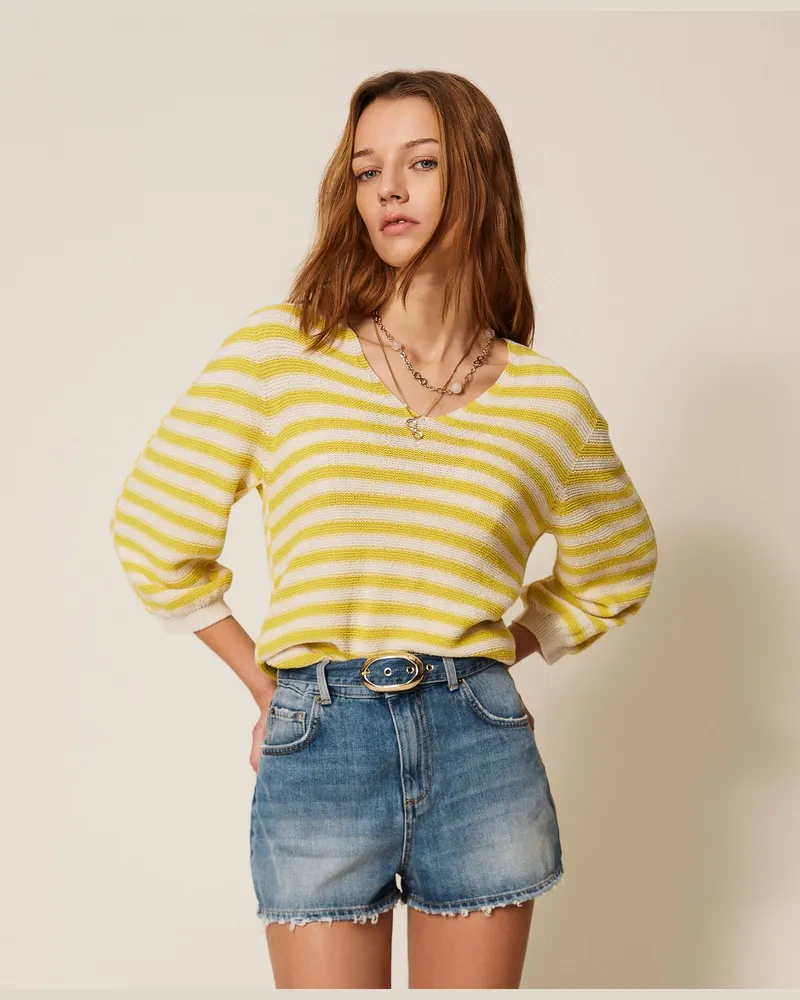 Twin-Set Nahtloser Pullover mit zweifarbigen Streifen, Streifen "Parchment"-Beige/"Limeade"-Gelb, Gestreift, Größe Streifen