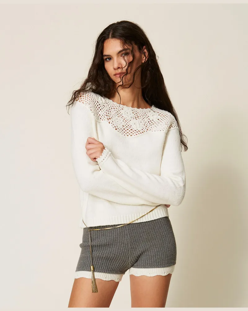 Twin-Set Häkelpullover mit Rosenmotiv, Damen, Weiß Schnee Weiß