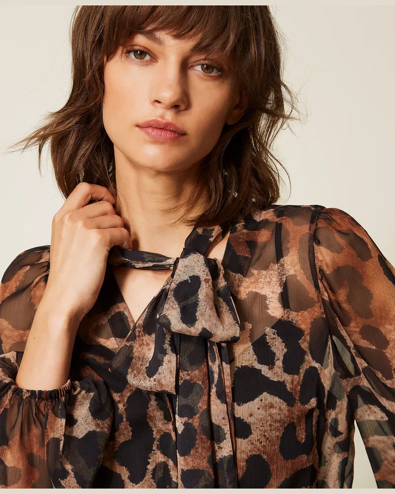 Twin-Set Hemdbluse aus Voile mit Animalprint, Damen, Animalprint Animalprint