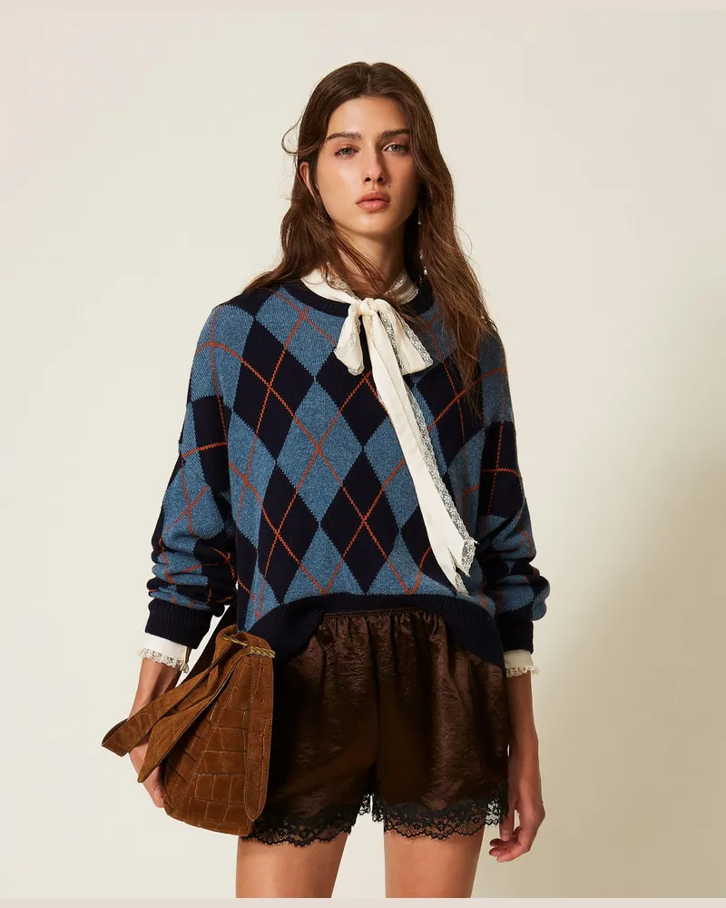 Twin-Set Jacquardpullover aus Wollmischung, Damen, Intarsia Argyle Indigoblau Intarsia